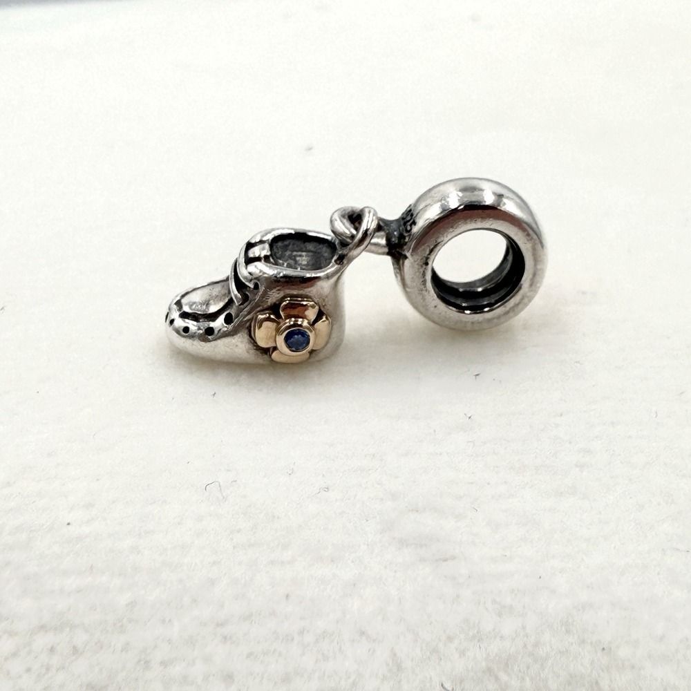 Pandora Sterling Silver Two Tone Baby Boy Bootie Shoe Dangle Bead Charm - Picture 2 of 6